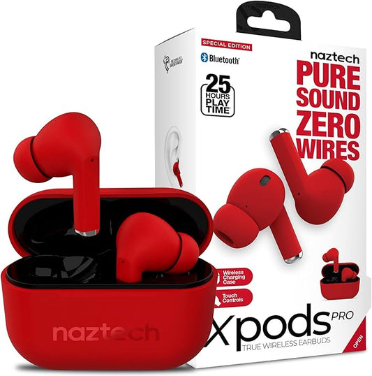 Naztech Xpods PRO Ear Buds - (Red) True Wireless Earbuds Noise Cancelling Earbuds Wireless Bluetooth Earphone for Gym Sound Cancelling in Ear Headphones Fitness Earphones Includes Charging Case