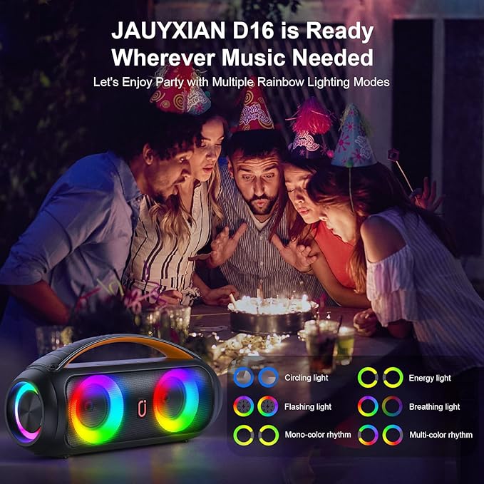 Portable Bluetooth Speaker, Loud Boombox Speaker with Subwoofer, Powerful Deep Bass Stereo Sound, IP65 Waterproof, Wireless Outdoor Speaker for Camping, Beach, Party, Support TWS/USB/TF Card/AUX