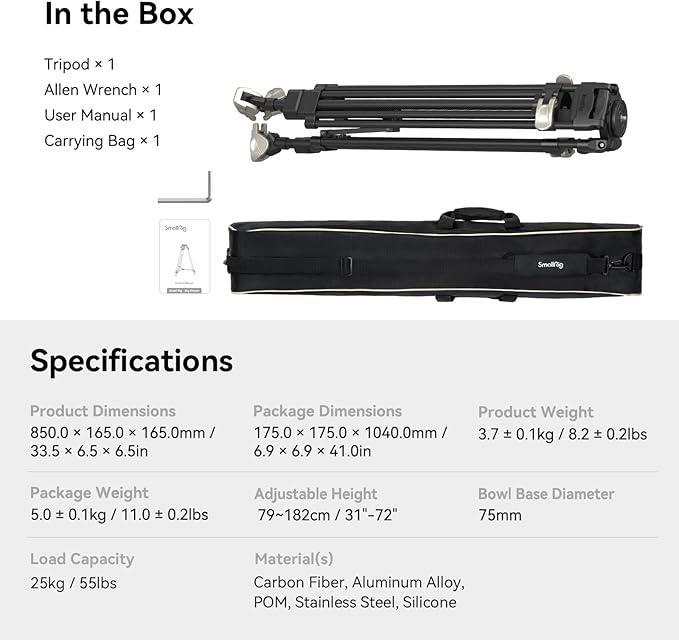 SmallRig FreeBlazer Heavy-Duty Carbon Fiber Tripod, 72" Video Bowl Tripod with One-Step Locking System, Load up to 55 lbs, for Camera, Camcorder-4167