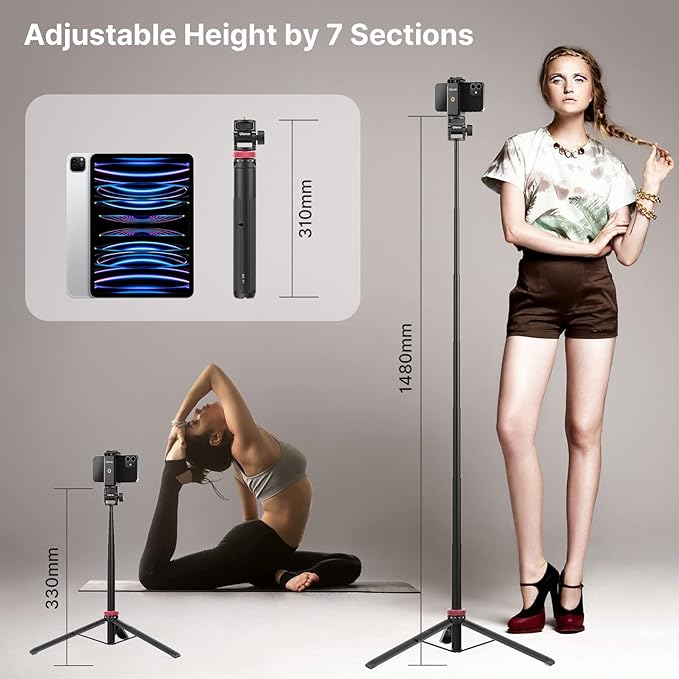 ULANZI MT-71 57.48 inch Extendable Selfie Stick, Phone Tripod for Go P-r-o w Smartphone Clamp Extension Pole, Compatible with DJI OSMO 360/OSMO Pocket 3/Insta 360 x 5/Sony/Canon/Nikon/Fuji Cameras