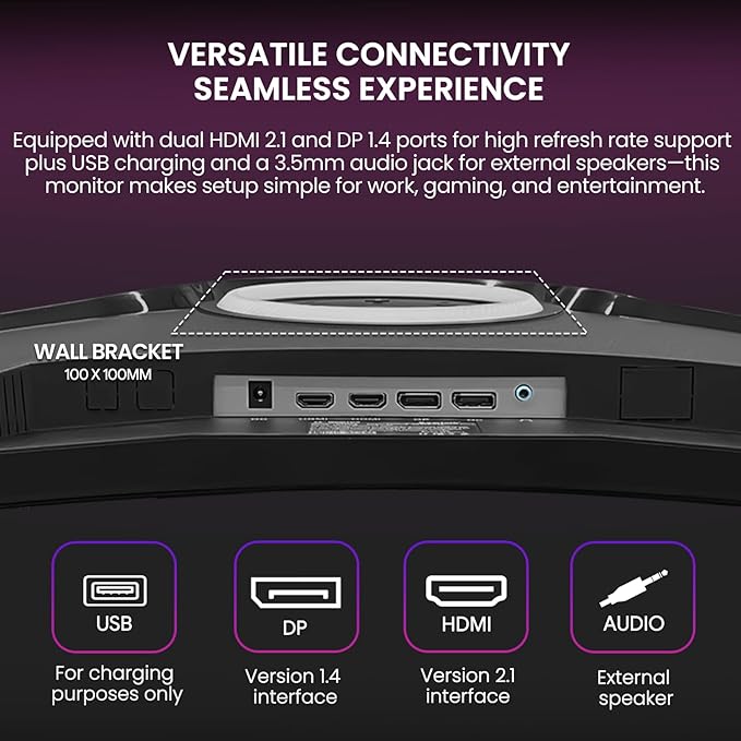 CRUA 49" Curved Gaming Monitor | DQHD(5120 * 1440), 144Hz/165Hz, 1500R, 32:9, AMD FreeSync, 120% sRGB, Height Adjustable Ultra-Wide Screen Monitors, HDMI 2.1 & DP 1.4, Wall Mount Install- Black