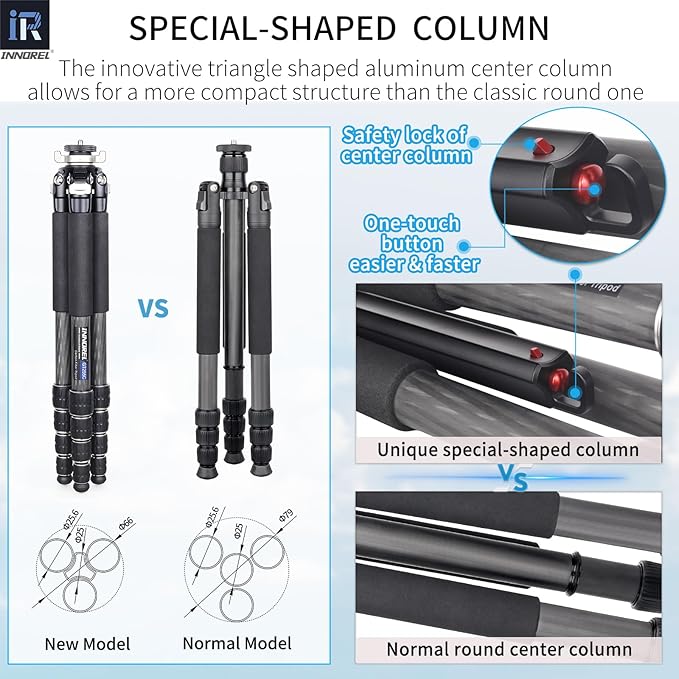 Carbon Fiber Travel Tripod-INNOREL GT255C 64.6in 5 Section Professional Compact Portable Camera Tripod Stand for Travel Outdoor Digital DSLR with Special-Shaped Center Column Max Load 33lb/15kg