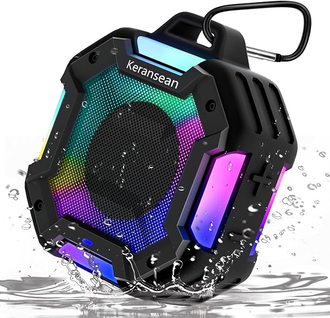 Bluetooth Shower Speaker - Portable Bluetooth Speakers, IPX7 Waterproof Shower Speaker Wireless, Outdoor Speaker with Lights, BT5.4, TWS Stereo Pairing for Paddle Board/Beach, Party, Black