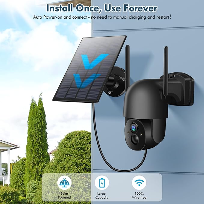 Solar Security Cameras Wireless Outdoor, 3MP 2K FHD Outdoor Camera Wireless 2.4G Wi-Fi 355° View Pan Tilt Security Cameras with AI Motion Detection, Siren (Black)