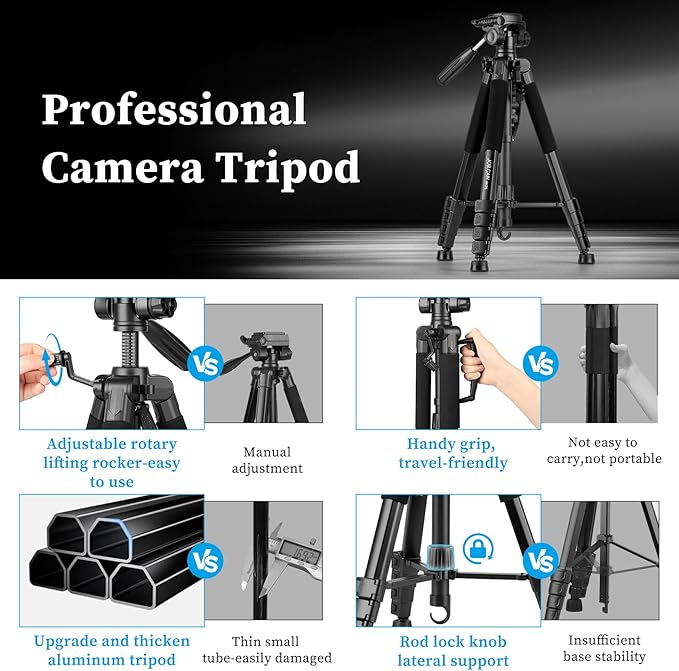 JOILCAN Tripod Camera Tripods, 74" Tripod for Camera Phone Video Recording, Heavy Duty Cameras Tripod Stand, Professional Travel DSLR Tripods Compatible with Canon iPhone, Max Load 15 LB
