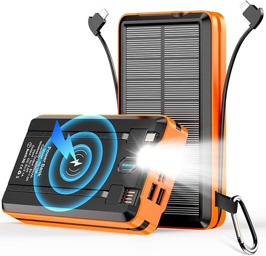 Portable Charger Solar Power Bank 52800mAh 5V/3A Fast Charging Battery Pack with Built in 4 Cables 2 Outputs & LED Flashlight for Cell Phone Camping and Hiking