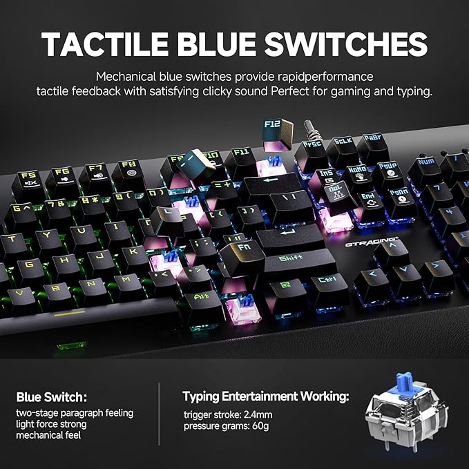 GTRACING Mechanical Gaming Keyboard Typewriter with Wrist Rest, RGB Lighting, Tactile Mechanical Switches, Programmable Macro Keys for Laptop MAC PC Gamer-Blue Switch