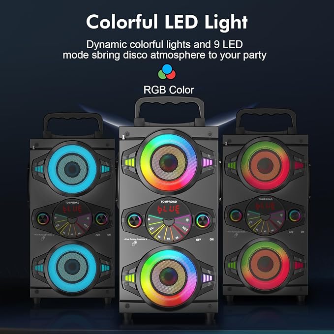 Portable Bluetooth Speakers 60W Big Powerful Wireless Loud Stereo Bass Sound Boombox Home Party Speaker with Subwoofer, FM Radio, LED Colorful Lights