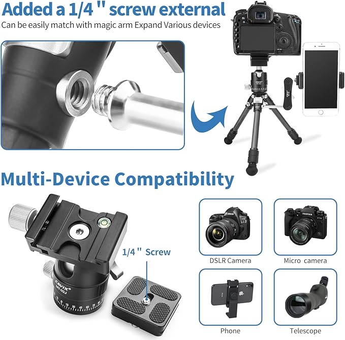 CAVIX Travel Mini Tripod with 360° Ballhead Lightweight Portable Compact Carbon Fiber Tripod for Camera