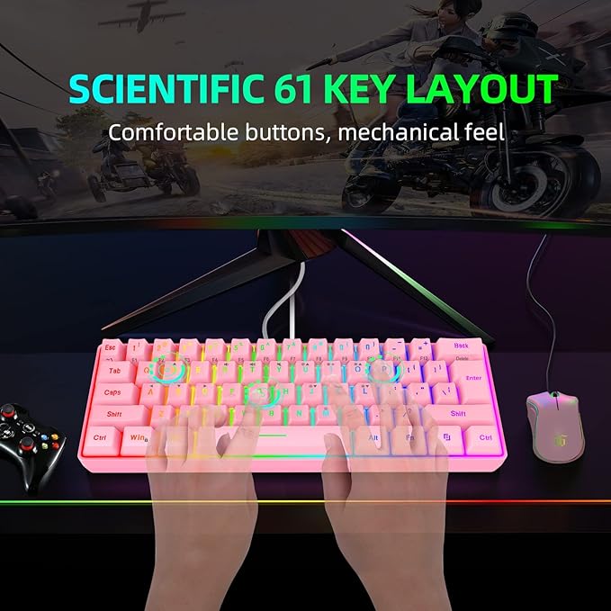 Snpurdiri 60% Wired Gaming Keyboard, 61 Keys RGB Backlit Ultra-Compact Mini Gaming Keyboard for PC/Mac Gamer, Typist, Travel, Easy to Carry on Business Trip(Pink)