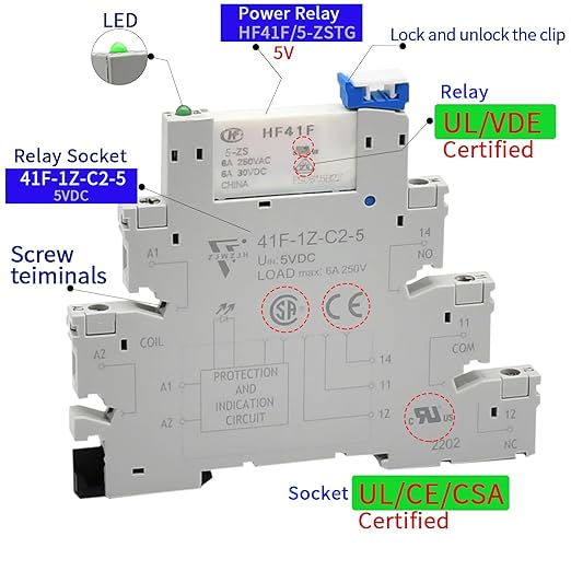 3 Pcs Miniature 5 Volt DC Relay HF41F/5-ZS 5 Pin 1NO 1NC 6A SPDT with LED Indicator, Socket Base and DIN Rail Module