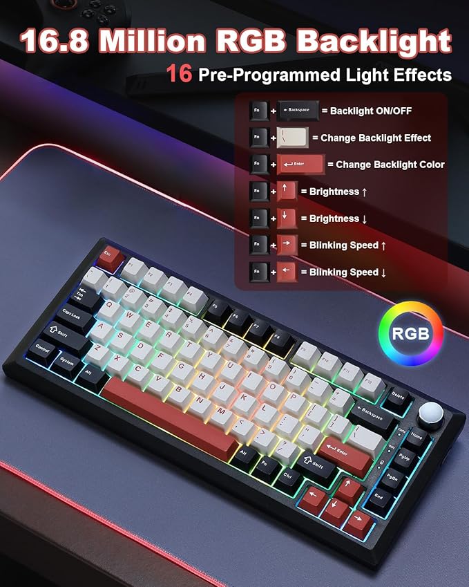 Y75 Wireless Mechanical Keyboard,75% Hot Swappable Custom Keyboard with Knob,RGB Backlit, PBT Keycaps,2.4GHz/USB-C/BT5.0 Mechanical Gaming Keyboards(Black&Red,Milk Switch)