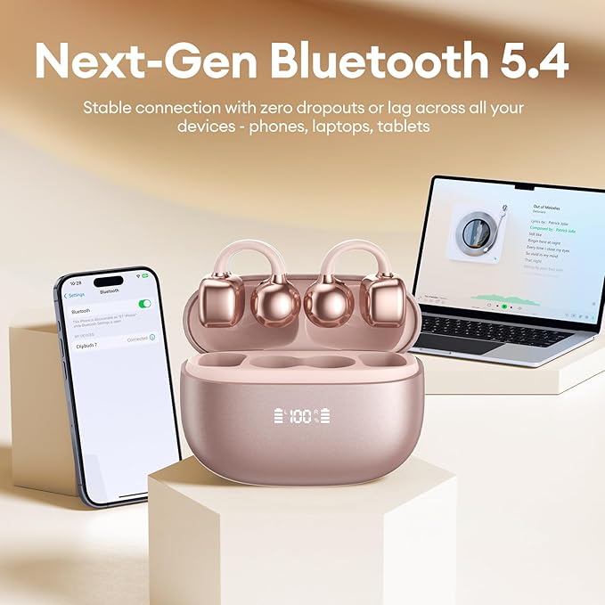 PAXA Clip On Earbuds, Clipbuds7 Open Ear Earbuds Wireless Bluetooth 5.4 with LED Display, Auto L-R Ear Recognition&Touch Control, Ultra-Light 4.5g Fit Comfort for Sports Fitness Daily Use, Rose Gold