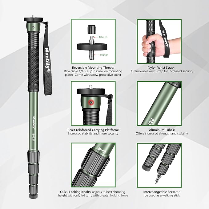 Manbily 65-Inch Camera Monopod, 5 Sections Aluminum Travel Monopod for Canon Nikon Sony DSLR Cameras Video Camcorder, Compact Portable Lightweight（E-222） (Green)