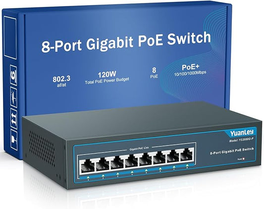 YuanLey 8 Port Gigabit PoE Switch, 8 PoE+ Ports 1000Mbps, 120W 802.3af/at, Metal Fanless Unmanaged Plug and Play