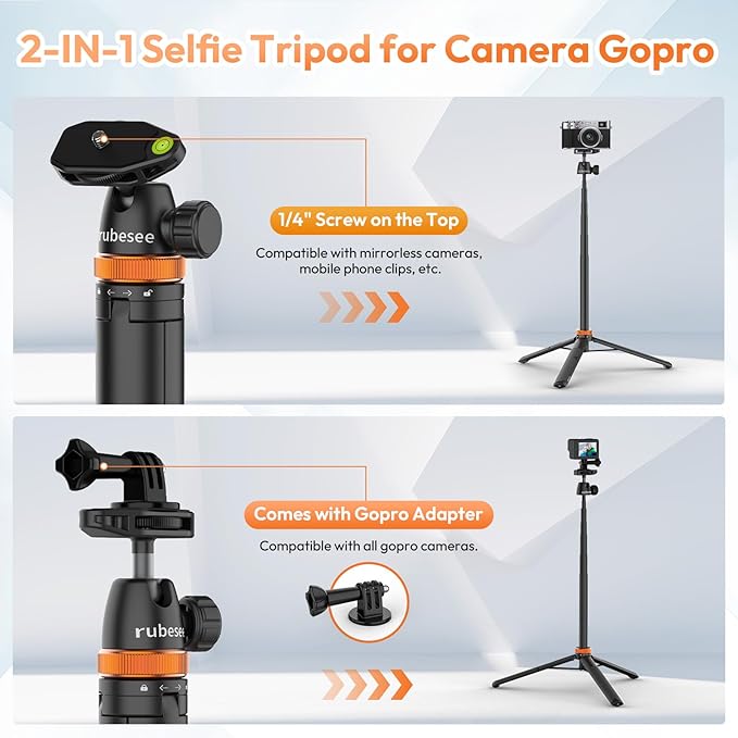 Selfie Stick Tripod for Gopro Camera, 62" Extendable Tripod Stand with 360° Ball Head 1/4" Screw, Portable Lightweight Camera Tripod for GoPro Max Hero 13 12 11 10 9 8 DJI OSMO Action Camera