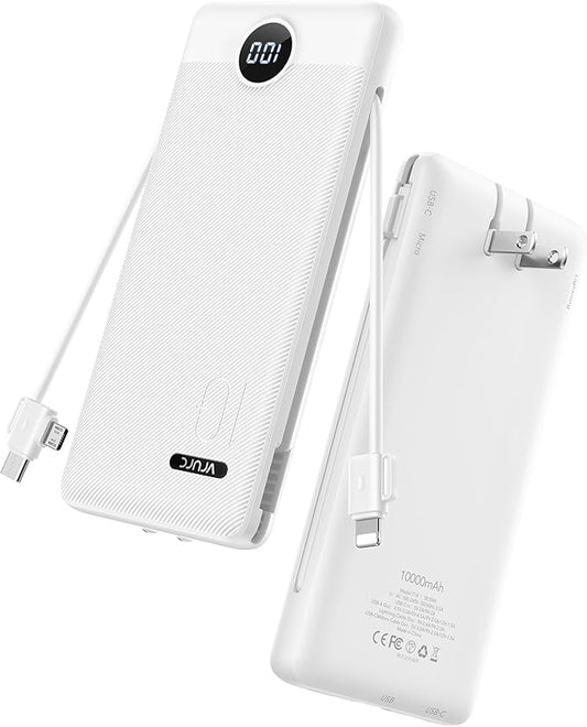 VRURC Portable Charger 10000mAh, Slim Portable Charger with Wall Plug, 22.5W USB Port Fast Charging Power Bank with Cables, 4 Outputs 2 Inputs Travel Essentials Battery for Smartphones-White (1 Pack)