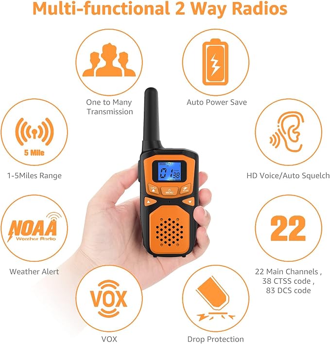 WokTok Rechargeable Long Range 2 Pack Walkie Talkies - 22 Channels VOX Scanning LCD Display - Ideal for Family Camping and Hiking