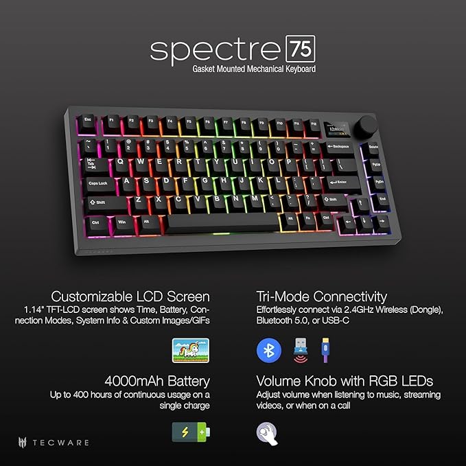 TECWARE Spectre 75% RGB Mechanical Gaming Keyboard with Customizable LCD Screen, Multi-Function Knob, Gasket Mount, 3 Mode Connectivity, South Face 5-Pin Universal Hot-Swappable Sockets (Ocean Gold)