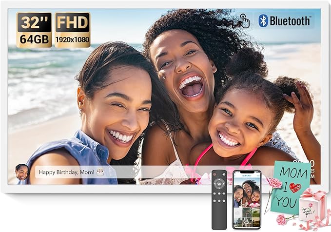 BSIMB 32 Inch Large Digital Picture Frame, Touchscreen 64GB 1920x1080 FHD WiFi Photo Frame Electronic Display Remote Control, Share Pictures/Videos via Free App/USB/SD Easy Setup Gifts for Mom, White