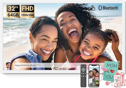 BSIMB 32 Inch Large Digital Picture Frame, Touchscreen 64GB 1920x1080 FHD WiFi Photo Frame Electronic Display Remote Control, Share Pictures/Videos via Free App/USB/SD Easy Setup Gifts for Mom, White