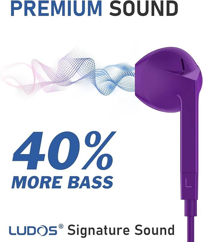 LUDOS FEROX Wired Earbuds in-Ear Headphones, 5 Years Warranty, Earphones with Microphone, Noise Isolation Corded for 3.5mm Jack Ear Buds for iPhone, Samsung, Laptop, Kids, School Students - Purple
