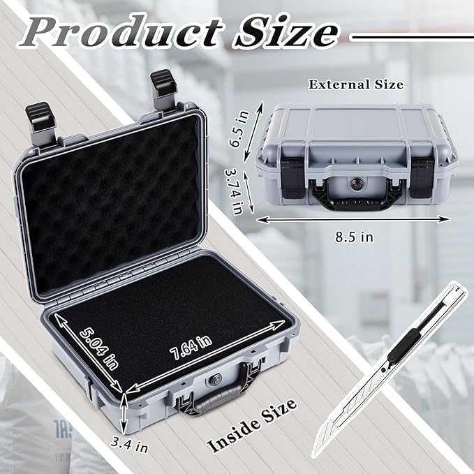 8.5 x 6.5 x 3.7 Inch Waterproof Hard Case with DIY Customizable Foam Insert Portable Protective Case with Knife for Camera Drones Equipments Tools Test Instruments (Gray)