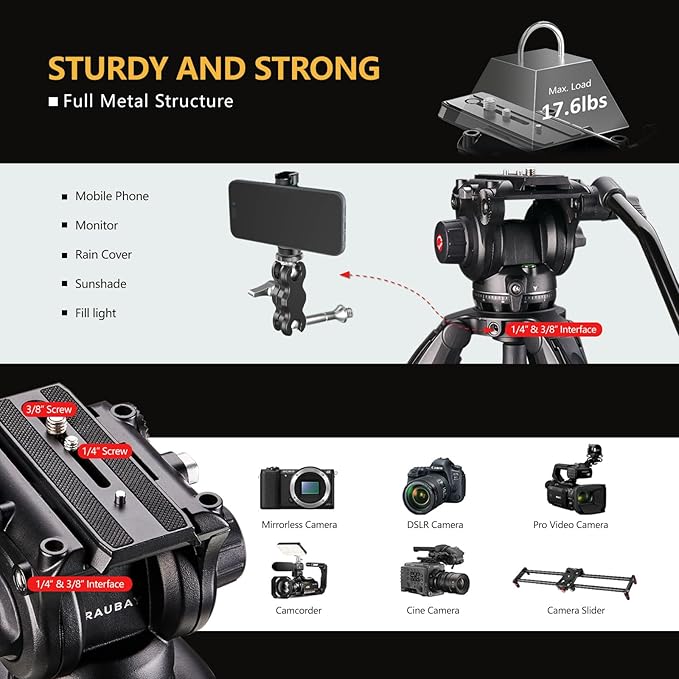 RAUBAY 70.8" Video Camera Tripod, Heavy Duty Tripods Stand with 360° Pan & 165° Tilt Fluid Head, 75mm Bowl Base, Aluminum Single Tube Legs, QR Plate, Max. Load 17.6lb for DSLR Camera, Camcorder (DV-3)