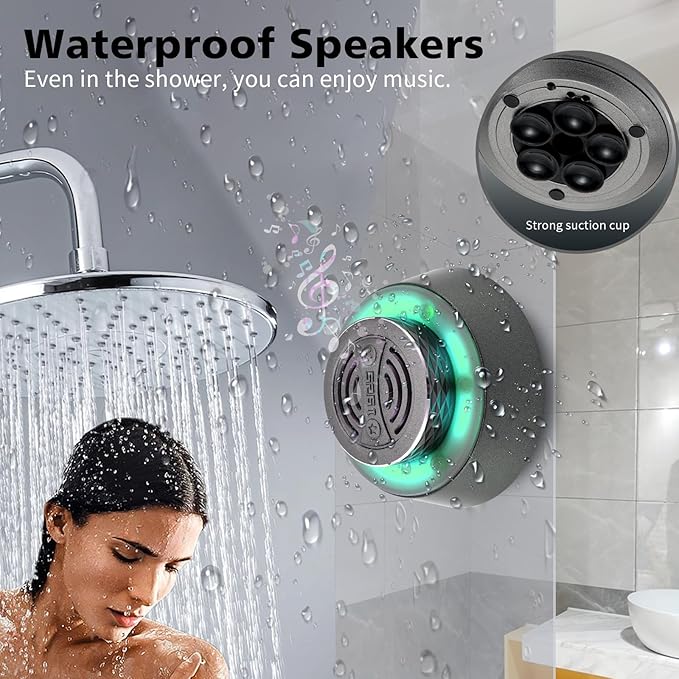 Bluetooth Shower Speaker, IP67 Waterproof Wireless Speaker with Colorful LED Lights, True Wireless 3D Stereo Sound, Portable Outdoor Speakers for Beach, Pool, Kayak, Travel, and Home Use (Grey)
