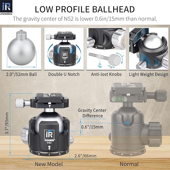 INNOREL Carbon Fiber Compact Tripod KT365C Professional 36mm Tube 5 Sections Heavy Duty Camera Stand for Digital DSLR Video Camcorder with 52mm Low Profile Panoramic Ballhead Center Column Load 30kg