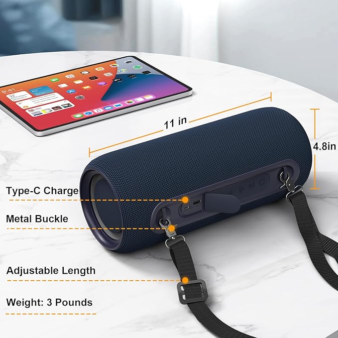 Passau Portable Bluetooth Speakers 40W Peak Loud Stereo Sound, Passive Radiators-Deep Bass, All Day Playtime, Adjustable Strap, BT5.3, IPX5 Wireless Speaker RGB Lights for Indoor Outdoor-Blue