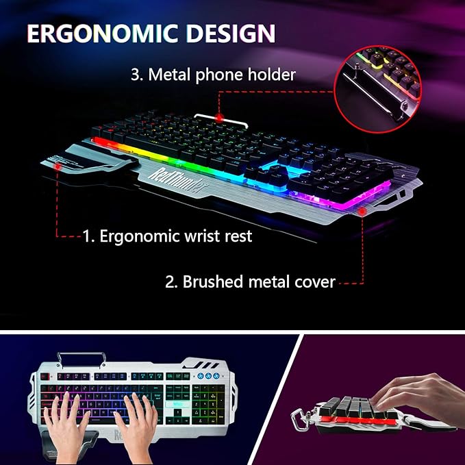 RedThunder K900 Gaming Keyboard, RGB Backlit Semi-Mechanical with Wrist Rest, Water-Resistant USB Wired Hybrid Ergonomic, Teclado Gamer for Desktop Computer PC Mac PS4
