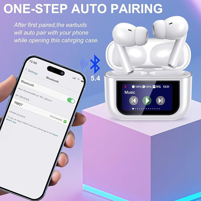 Wireless Earbuds, Earphones Wireless Bluetooth 5.4 In Ear Headphones, 40H Hifi Sound ANC Noise Canceling Earbuds, Touch Screen Ear Buds Multifunctional Headsets for Android/IOS Work Gym Sports (White)