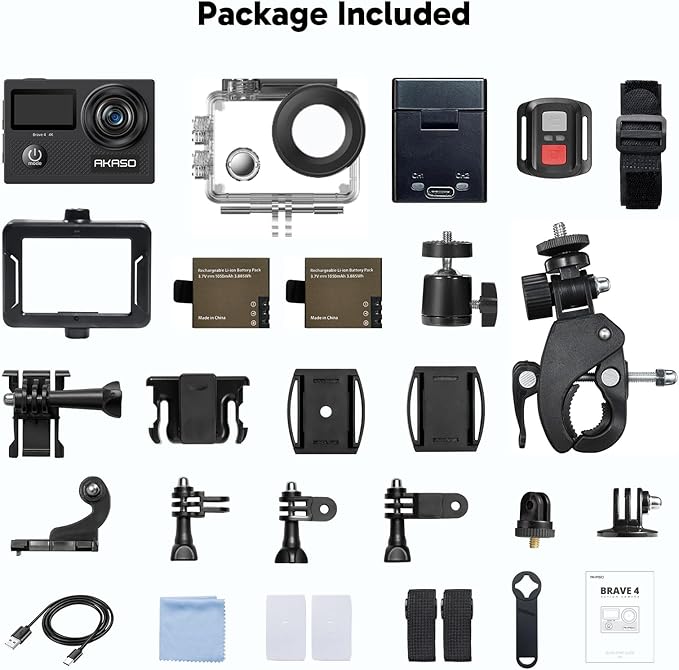 AKASO Brave 4 4K30fps 20MP WiFi Action Camera Ultra Hd with EIS 131ft Waterproof Camera Remote Control 5xZoom Underwater Camcorder with 2 Batteries and Bicycle Helmet Accessories Kit