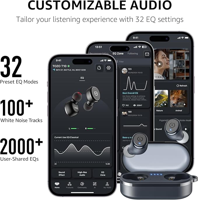 TOZO T10 Wireless Earbuds Bluetooth 5.3 Headphones, App Customize EQ, Ergonomic Design, 55H Playtime, Wireless Charging Case, IPX8 Waterproof Sound in-Ear Headset, 2025 New Version