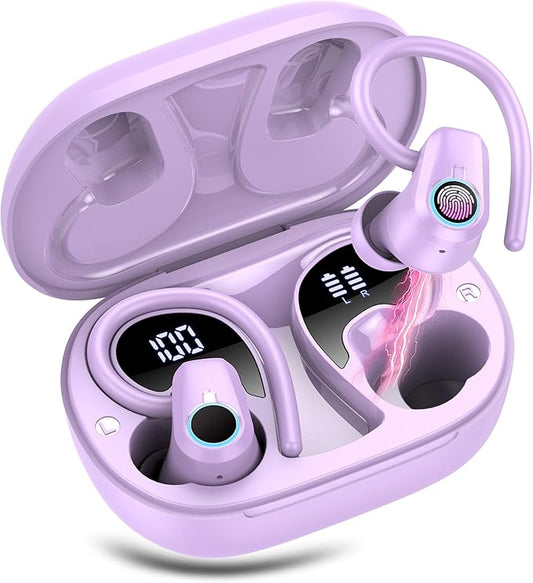 Wireless Earbuds, 2023 Bluetooth Headphones 5.3 Sport, 50H Ear buds with Earhooks, Dual LED Display Bluetooth Earbuds, Deep Bass Stereo Noise Cancelling Headphones, IP7 Waterproof Earphones, Purple