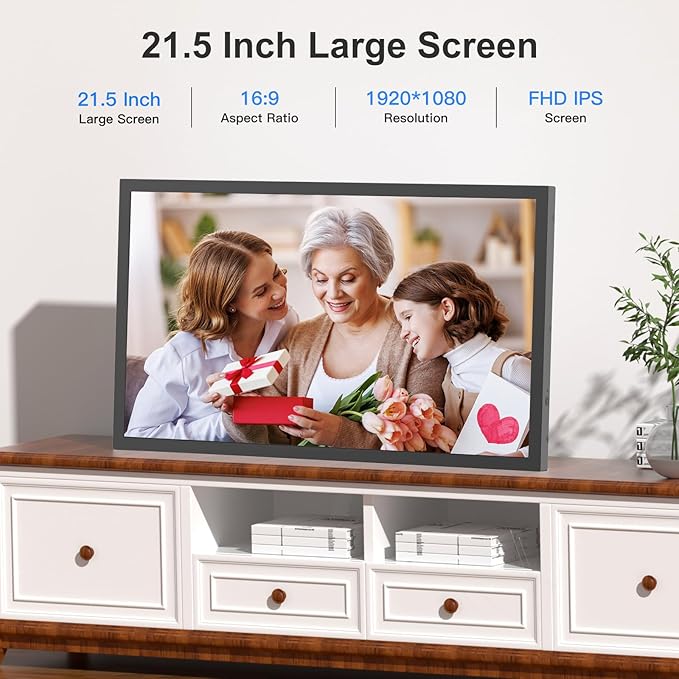 Large Digital Picture Frame 21.5" WiFi Photo-Frame - 32GB 1920x1080 FHD 1080P Digital Frame, Sync Phone, Mirror its Screen on Smart Frame, Share Photo Video via App Email, Wall Mounted, Gifts for Mom