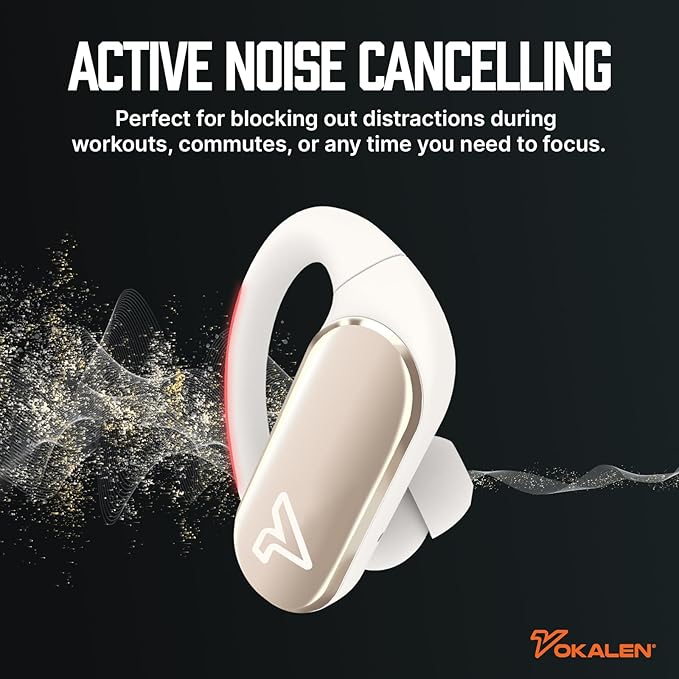 VOKALEN Reflex Pro - Wireless Sport Earbuds with Ear Hooks, Active Noise Cancellation, up to 50H of Battery Life, IP68 Dust and Waterproof, Touch Control, Secure Fit for Sports (White)