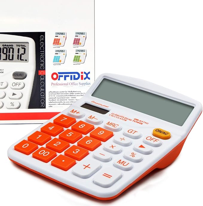 OFFIDIX Office Desk Calculator 12 Digit Large LCD Display Office Desktop Dual Power Calculator,Orange