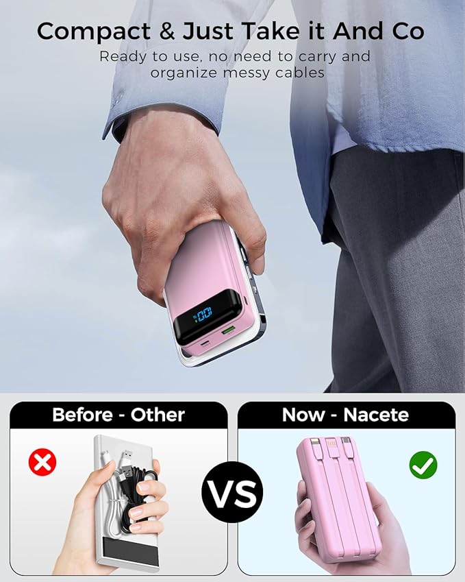 Portable Charger 40000mAh Power Bank Built-in Cable Battery Pack, PD 22.5W Fast Charging Portable Phone Charger 4 Output 3 Input, Compatible with iPhone 16 15 14 13 Samsung Google iPad (Pink)