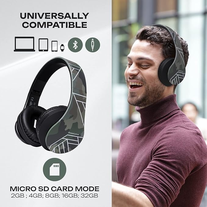PowerLocus Bluetooth Over-Ear Headphones, Wireless Stereo Foldable Headphones Wireless and Wired Headsets with Built-in Mic, Micro SD/TF, FM for iPhone/Samsung/iPad/PC (Camo)