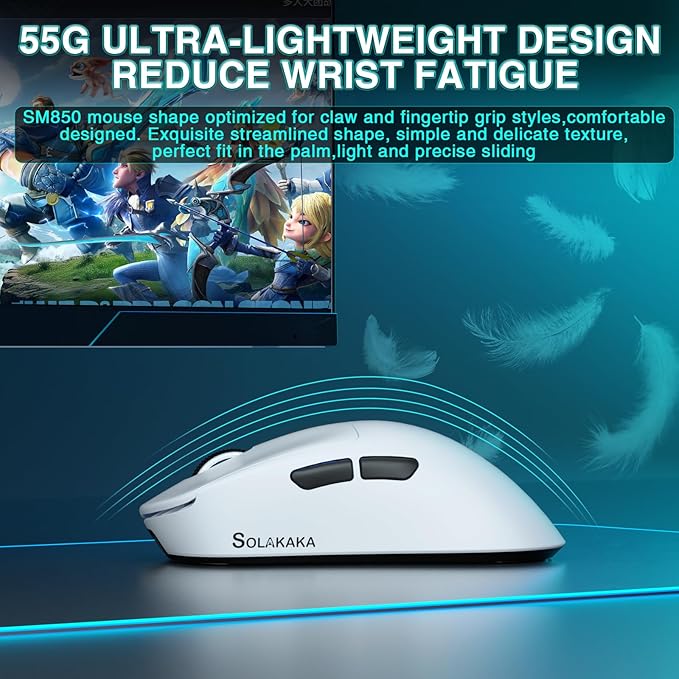 SOLAKAKA SM850 Wireless Gaming Mouse, 24000 DPI, 55g Lightweight Mouse Gaming, 6 Programmable Buttons, Ergonomic Computer Mouse, Tri-Mode BT5.1/2.4G/USB-C 250h Battery Life PC Gamer Mice for Laptop