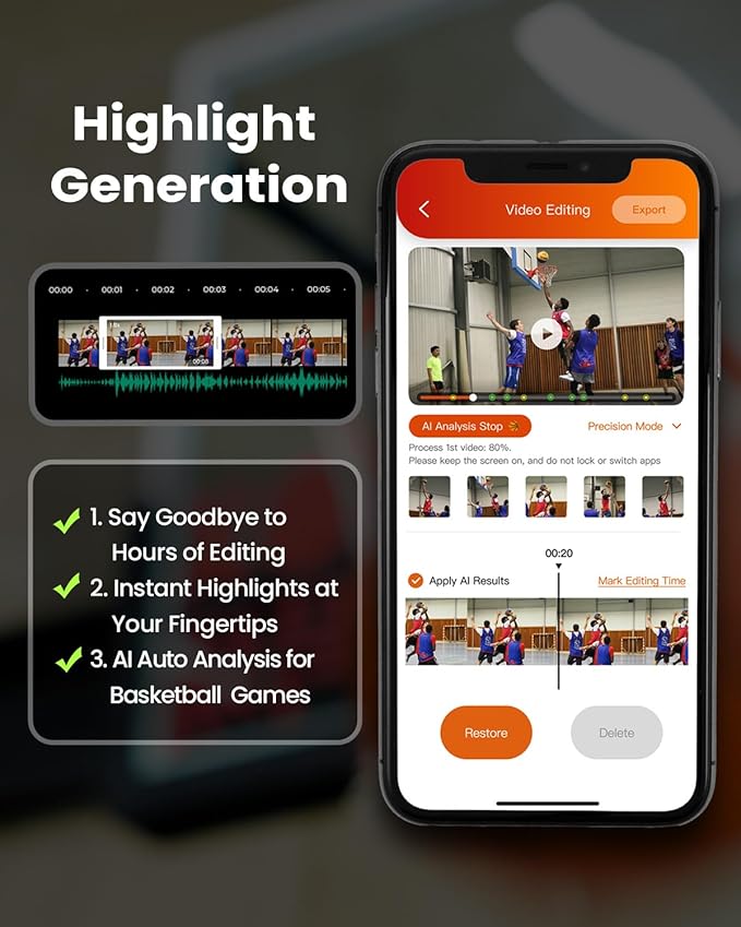 Chameleon AI Auto Sports Action Camera - 4K 60FPS Soccer Camera and Basketball Tracking Camera for Team Sports, Live Streaming, No Subscription, Works with iOS & Android (Lava Graphite)