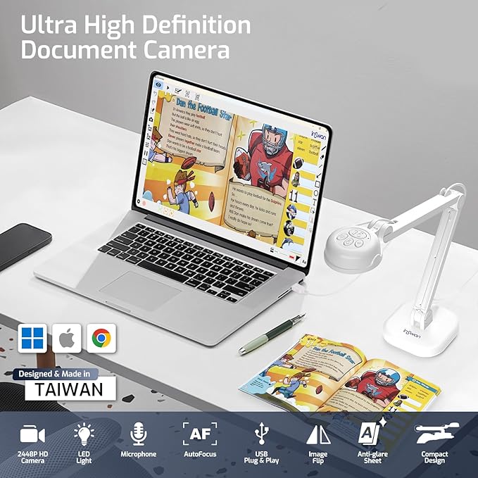 INSWAN INS-1 USB Document Camera — 8MP Ultra HD, Auto Focus, LED , Built-in Mic, Windows, Mac, iPad, Chromebook Compatible for Distance Learning, Remote Teaching, Web Conferencing, Live Demo