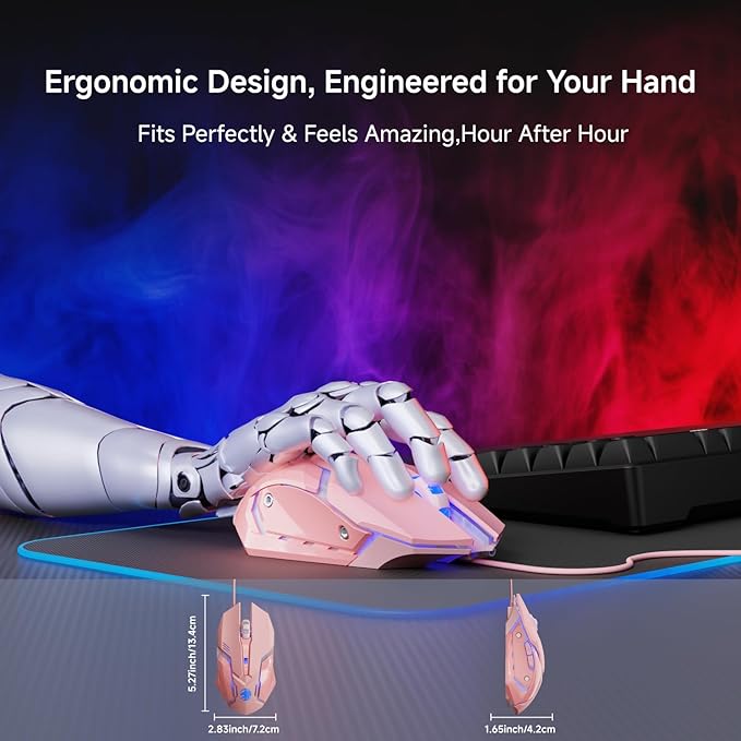 EWEADN G3 Wired Gaming Mouse, 2400 DPI Wired Optical Mouse with 6 Programmable Macro Buttons, Metal Base, 4-Color Breathing Light for PC/Laptop/Windows-Pink