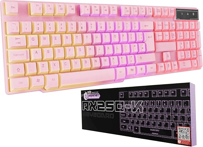 Orzly Pink Gaming Keyboard RGB USB Wired Rainbow Keyboard Designed for PC Gamers, PS4, PS5, Laptop, Xbox, Nintendo Switch, RX-250 Hornet Edition