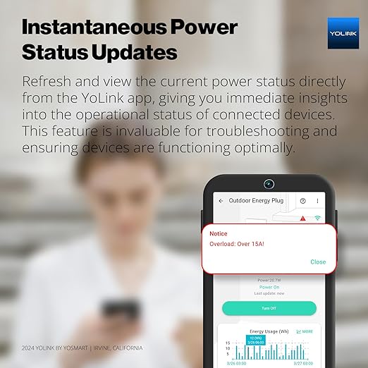 YoLink Smart Outdoor Energy Plug, IP65, 1800W, 15A Smart Plug with Real-Time Energy Monitoring, Automatic Safety Shutoff, Alexa & Google Assistant Compatible, Require YoLink Hub