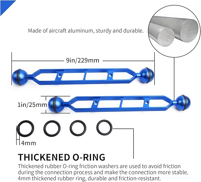 Blue 9" Underwater Aluminum Alloy Extension Arm (2-Pack) - Dual Ball System with 1" Head Connector, Waterproof & Rustproof for Diving Camera Tray/Strobe/Video Light, Scuba Photography Gear