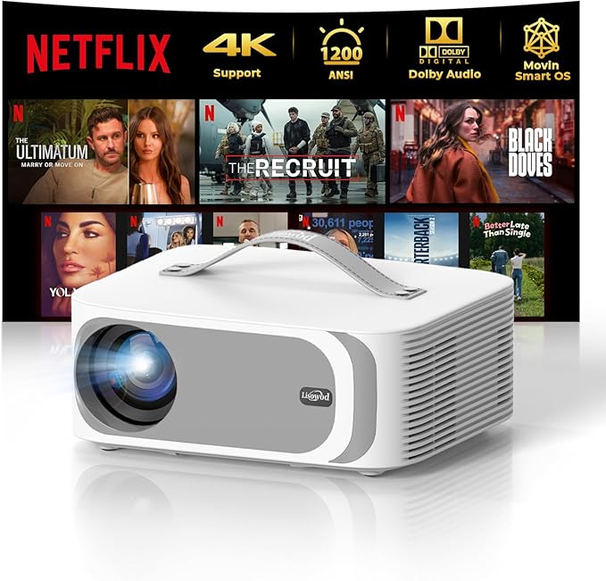 [AI Movin 2.0 System/1200 ANSI/Auto Focus] Projector with WiFi and Bluetooth, Outdoor-Projector 30W DoIby Audio APPS Built-in, Lisowod 1080P Smart Portable 4K Proyector with HDR10+ 2025 Upgraded