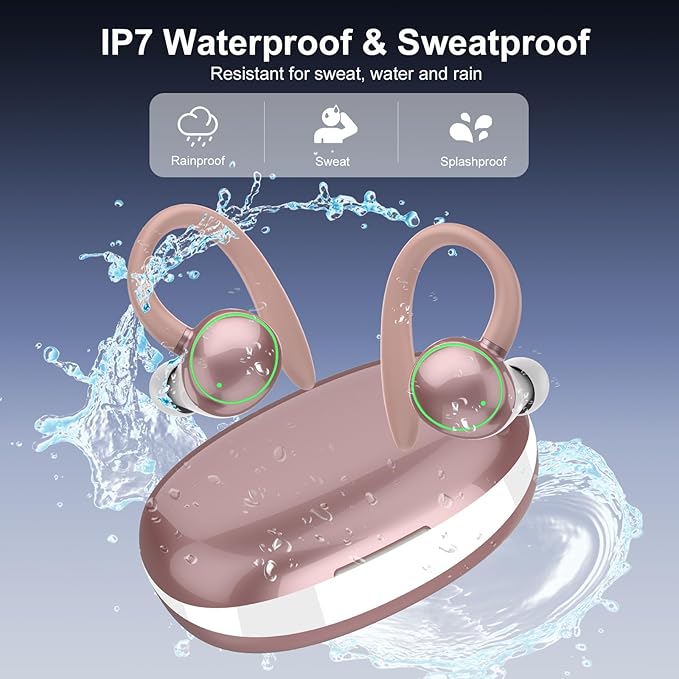 Wireless Earbuds, Bluetooth 5.3 Headphones Sport, Over Ear Buds With ENC Noise Cancelling Mic, 48H, Wireless Earphone With Earhooks, Stereo Deep Bass, IP7 Ear Buds for Workout Running, Rose Gold